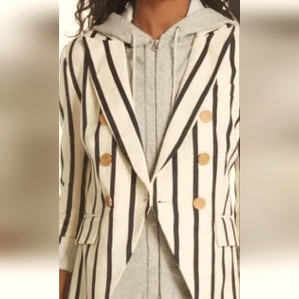 Veronica Beard Preppy Old School Black and Cream Striped Blazer 12 L - Picture 2 of 6